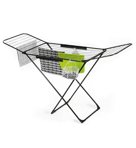 KONIGHOFFER VERA BLACK Suszarka balkonowa 180 x 55 x 102 cm + koszyk na klamerki / czarna / rozkładana / z 2 skrzydłami