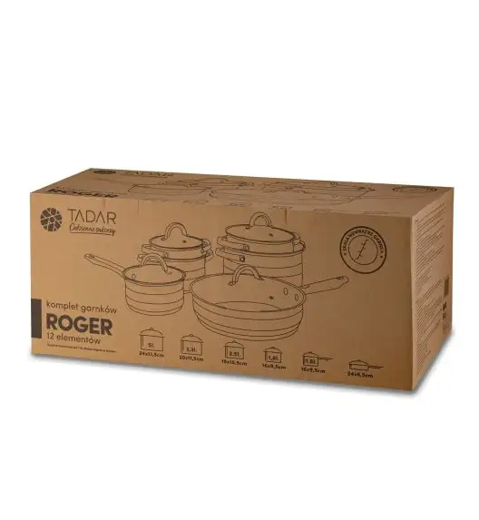 WYPRZEDAŻ! TADAR ROGER Komplet garnków nierdzewnych 12 el z patelnią non stick (BRAK PATELNI = 10 EL) / indukcja