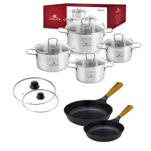 GERLACH BRAVA Komplet Garnki z pokrywkami 8 el + patelnie Gerlach Natur Evo 20, 28 cm + pokrywki uniwersalne