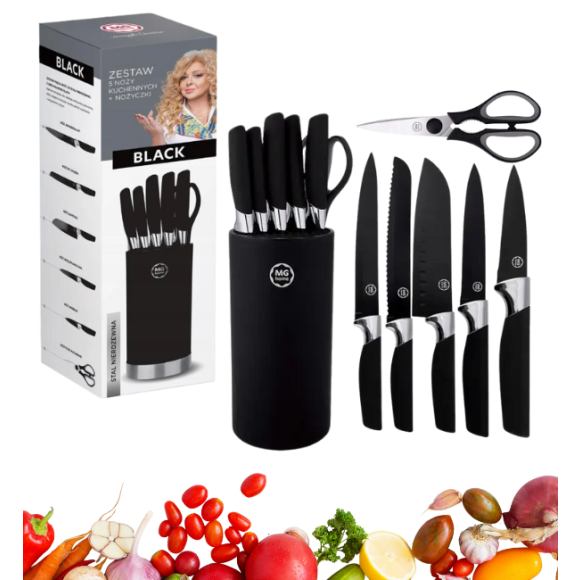 MG HOME | BLACK Zestaw 5 noży w bloku + nożyczki / stal nierdzewna