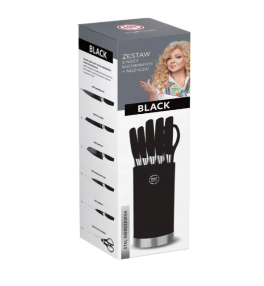 MG HOME | BLACK Zestaw 5 noży w bloku + nożyczki / stal nierdzewna
