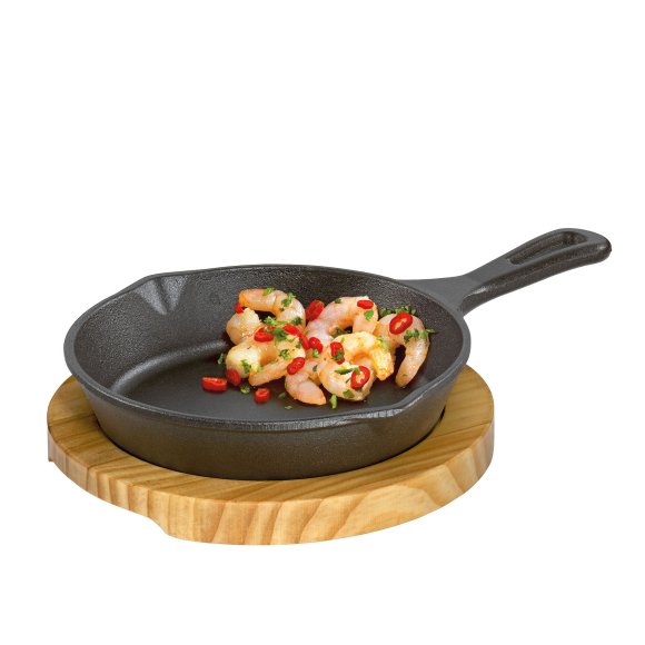 KÜCHENPROFI | mini patelnia do serwowania z podstawką, 26 x 18 x 6 cm, żeliwo/drewno sosnowe