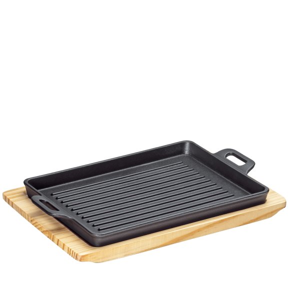 KÜCHENPROFI | BBQ | patelnia grillowa na podstawce, 32 x 22 x 3,5 cm, żeliwo/drewno sosnowe