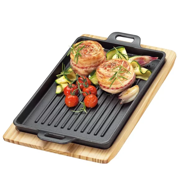 KÜCHENPROFI | BBQ | patelnia grillowa na podstawce, 32 x 22 x 3,5 cm, żeliwo/drewno sosnowe