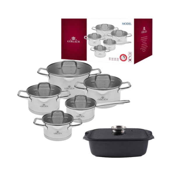 GERLACH MODEL Komplet Garnki z pokrywkami 10 el + Brytfanna Granitex 32 cm