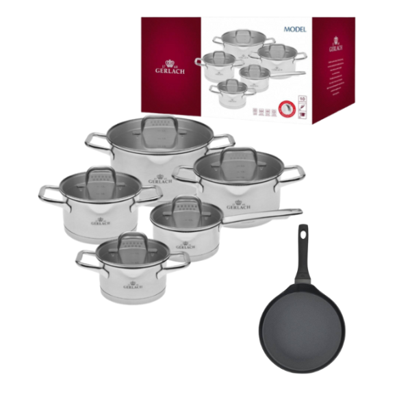 GERLACH MODEL Komplet Garnki z pokrywkami 10 el + Patelnia naleśnikowa 26 cm 