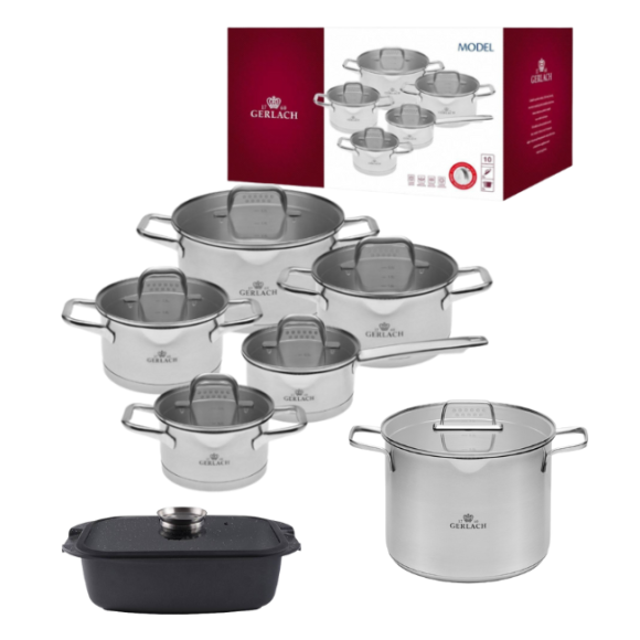 GERLACH MODEL Komplet Garnki z pokrywkami 10 el + Gerlach Ambiente Garnek 7 l z pokrywką 24 cm + Brytfanna Granitex 32 cm