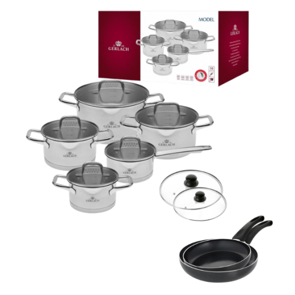 GERLACH MODEL Komplet Garnki z pokrywkami 10 el + Gerlach Initial Patelnia 24, 28 cm + pokrywki uniwersalne 24, 28 cm