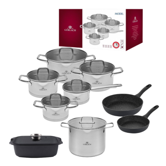 GERLACH MODEL Komplet Garnki z pokrywkami 10 el + Gerlach Ambiente Garnek 7 l z pokrywką 24 cm + Brytfanna Granitex 32 cm+ Granitex Patelnia 20, 28 cm 