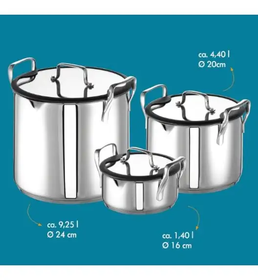 WYPRZEDAŻ! ROHE TINY MARCO Komplet 3 kompaktowych garnków z pokrywkami | stal nierdzewna 18/10 | indukcja | niemiecka jakość