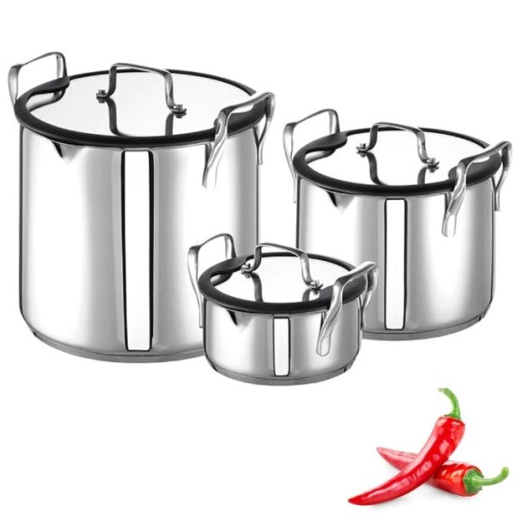 WYPRZEDAŻ! ROHE TINY MARCO Komplet 3 kompaktowych garnków z pokrywkami | stal nierdzewna 18/10 | indukcja | niemiecka jakość