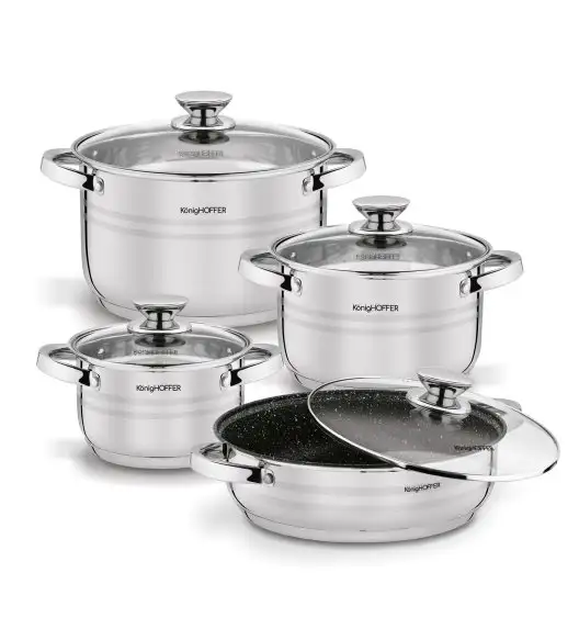 KönigHOFFER BARI SILVER Komplet garnków z pokrywkami + patelnia głęboka 8 el / stal nierdzewna