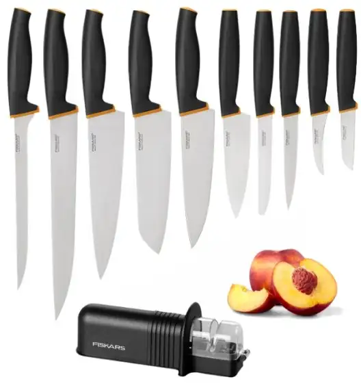 FISKARS CONTROL+ Komplet 10 noży + ostrzałka ceramiczna Roll-Sharp / japońska stal nierdzewna