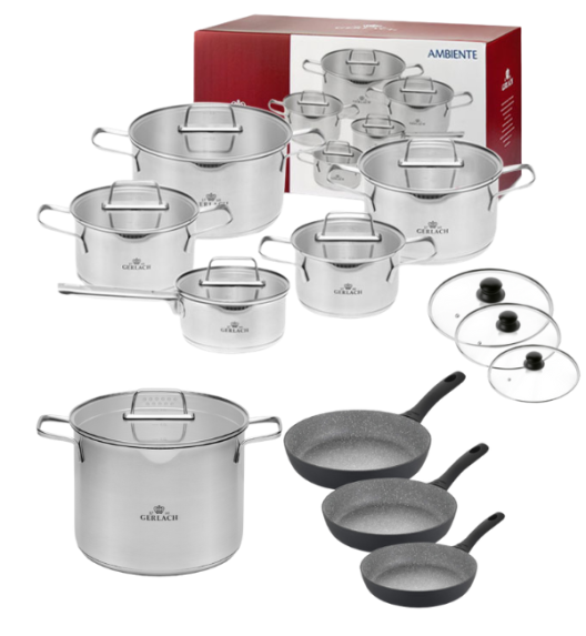 GERLACH AMBIENTE Komplet Garnki z pokrywkami 10 el + Patelnie Granitex Grey 20, 24, 28 cm + pokrywki uniwersalne + Garnek Ambiente 7 l / stal nierdzewna / indukcja