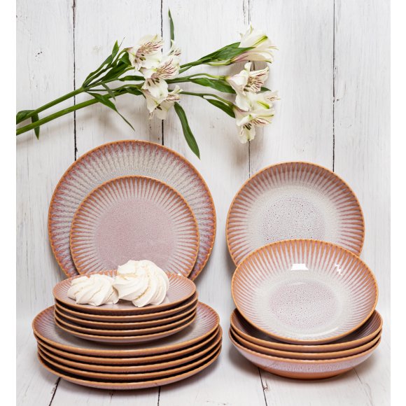LUBIANA STONEWARE CERAMIKA BLUSH | Serwis obiadowy 96 elementów dla 24 osób | kolor łososiowy