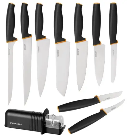 FISKARS CONTROL+ Komplet 9 noży + ostrzałka ceramiczna Roll-Sharp / japońska stal nierdzewna