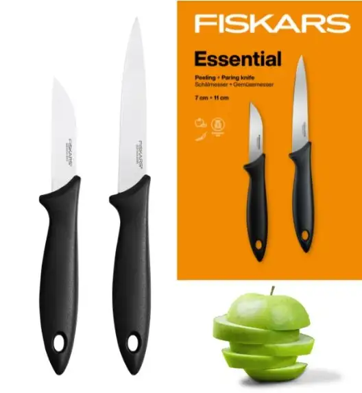 FISKARS ESSENTIAL Zestaw 2 małych noży kuchennych 7 cm + 11 cm w pudełku / stal nierdzewna + tworzywo sztuczne