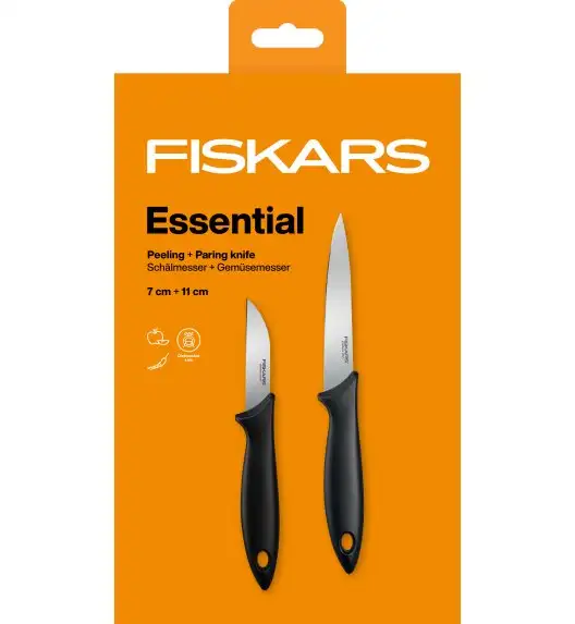FISKARS ESSENTIAL Zestaw 2 małych noży kuchennych 7 cm + 11 cm w pudełku / stal nierdzewna + tworzywo sztuczne