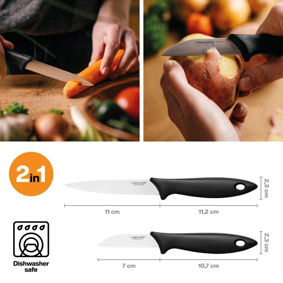 FISKARS ESSENTIAL Zestaw 2 małych noży kuchennych 7 cm + 11 cm w pudełku / stal nierdzewna + tworzywo sztuczne