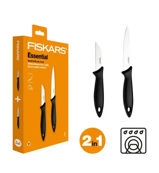 FISKARS ESSENTIAL Zestaw 2 małych noży kuchennych 7 cm + 11 cm w pudełku / stal nierdzewna + tworzywo sztuczne