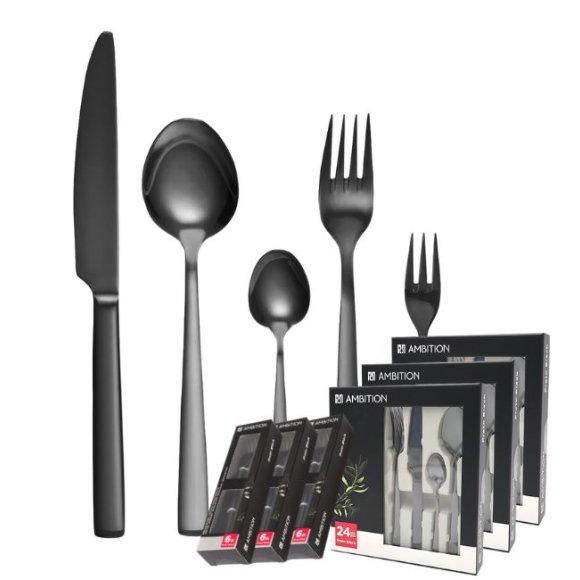 AMBITION PRATO Sztućce Komplet 90 el dla 18 osób / pudełko / czarne