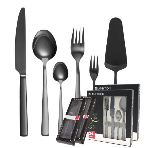 AMBITION PRATO Sztućce Komplet 48+14 el dla 12 osób / pudełko / czarne