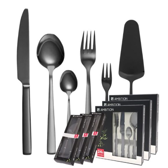AMBITION PRATO Sztućce Komplet 72+21 el dla 18 osób / pudełko / czarne