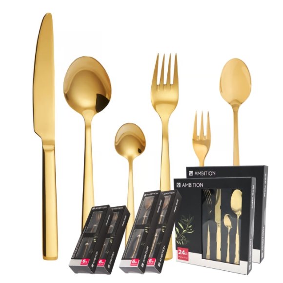 AMBITION PRATO Sztućce Komplet 72 el dla 12 osób / pudełko / złote