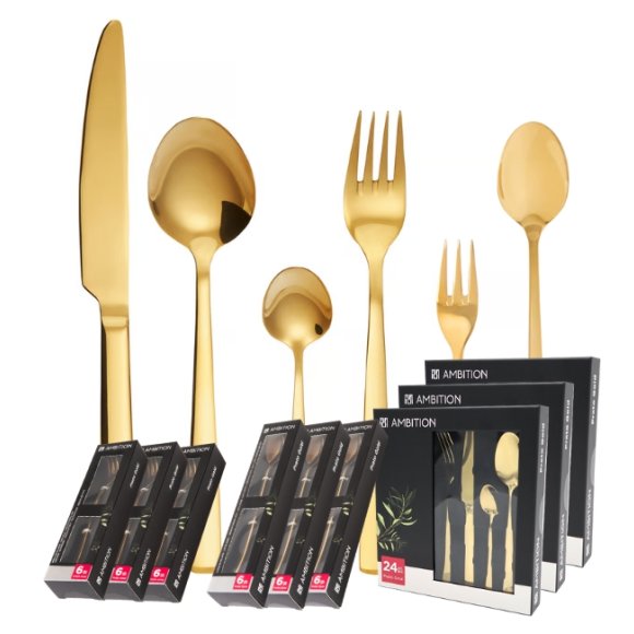 AMBITION PRATO Sztućce Komplet 108 el dla 18 osób / pudełko / złote
