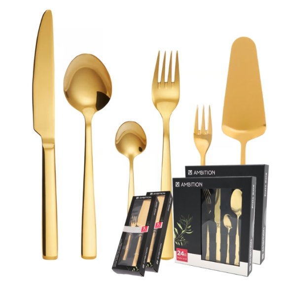 AMBITION PRATO Sztućce Komplet 48+14 el dla 12 osób / pudełko / złote