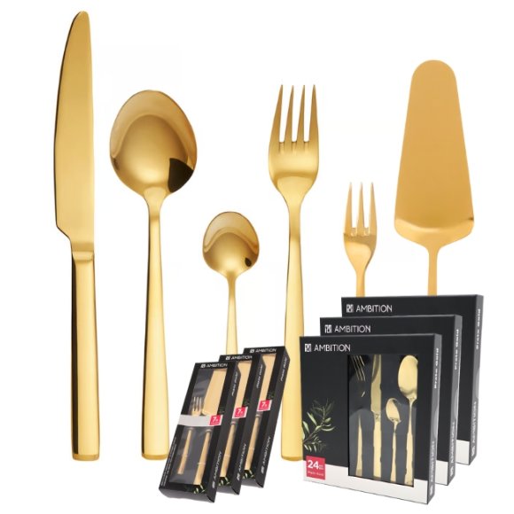 AMBITION PRATO Sztućce Komplet 72+21 el dla 18 osób / pudełko / złote