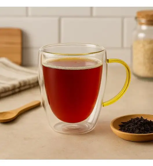 MG HOME | RENZA Zestaw 6 szklanek termicznych z uchem 300 ml / musztardowe