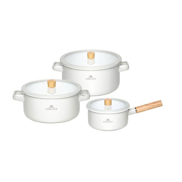 GERLACH NATUR ENAMEL Komplet Garnki z pokrywkami 6 el / biały / emalia