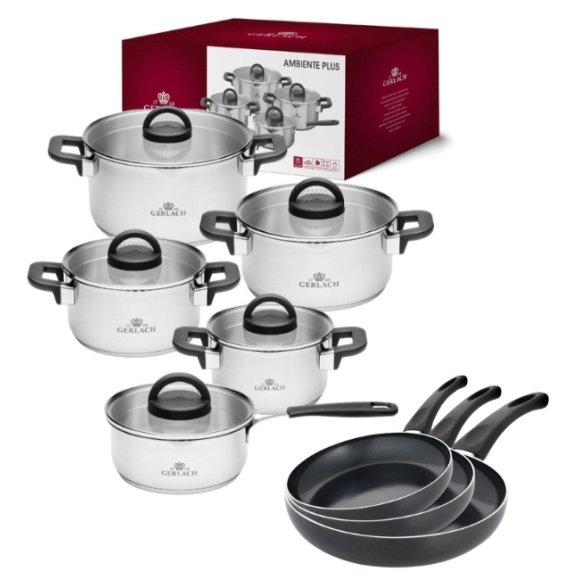 GERLACH AMBIENTE PLUS Komplet Garnki z pokrywkami 10 el + Patelnie Initial 20, 24, 28 cm / stal nierdzewna / indukcja
