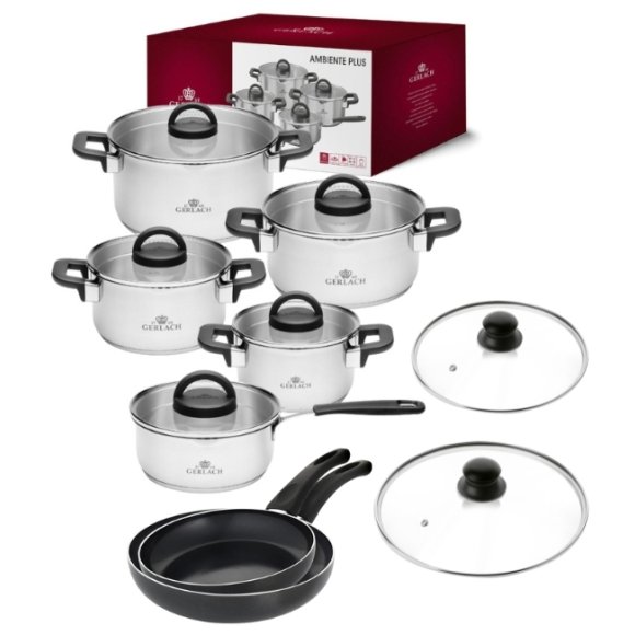 GERLACH AMBIENTE PLUS Komplet Garnki z pokrywkami 10 el + Patelnie Initial 24, 28 cm + Pokrywki szklane TADAR