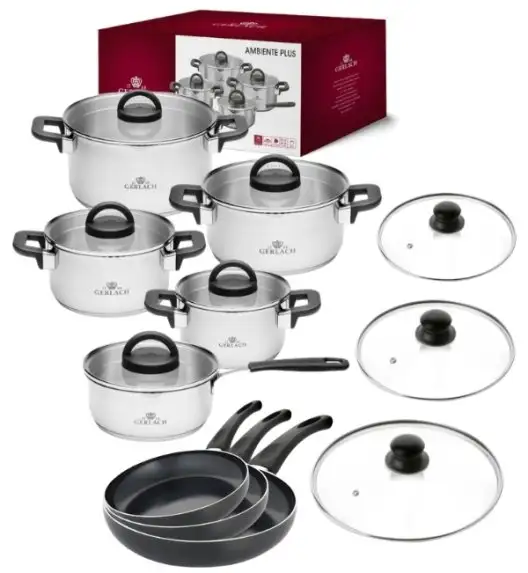 GERLACH AMBIENTE PLUS Komplet Garnki z pokrywkami 10 el + Patelnie Initial 20, 24, 28 cm + Pokrywki szklane TADAR