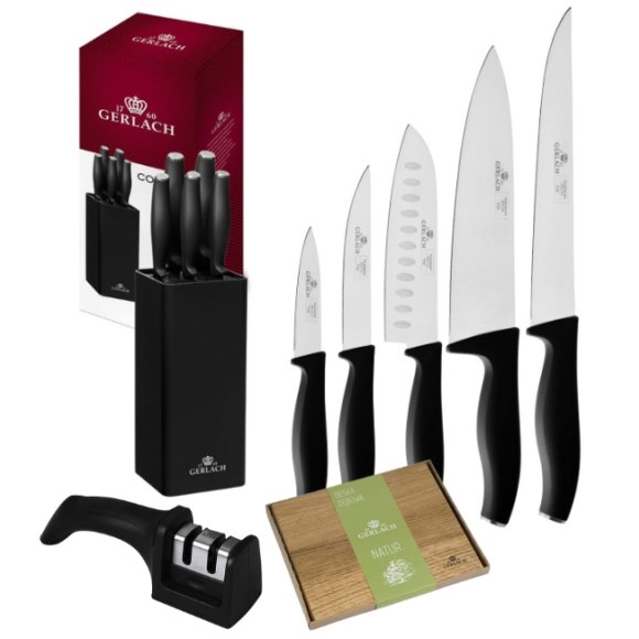 GERLACH COMFORT 985 Zestaw 5 noży w bloku czarnym + ostrzałka 2w1 + deska / antypoślizgowa rękojeść