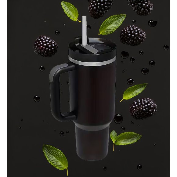 IMCHEX | BLACK | Kubek termiczny 1200 ml ze słomką + 10 szklanych słomek
