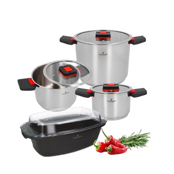ZWIEGER KOMPACT Komplet 3 garnków z pokrywkami + Brytfanna Practi Plus/ stal nierdzewna 