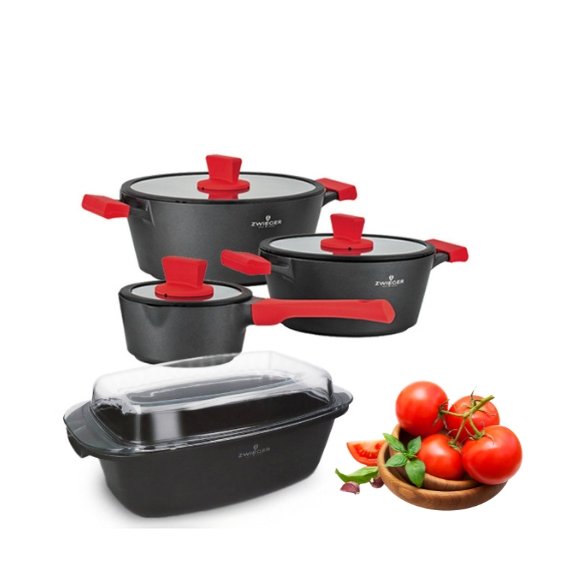 ZWIEGER OBSIDIAN Komplet Garnki 6 el z pokrywkami 5,5l/ 3,5l/ 2l GREBLON + Brytfanna Practi Plus