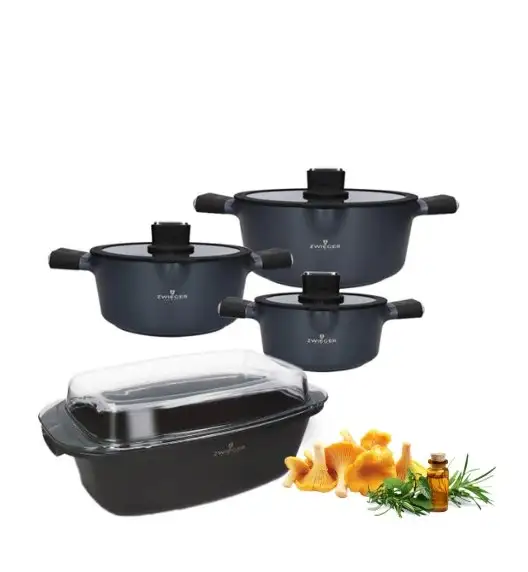 ZWIEGER VESNA Komplet 3 garnków z pokrywkami 20, 24, 28 cm / GREBLON C3 non-stick + Brytfanna Practi Plus