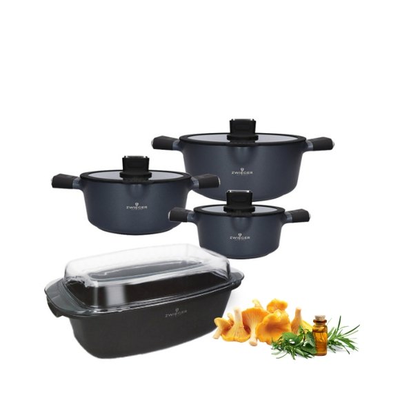 ZWIEGER VESNA Komplet 3 garnków z pokrywkami 20, 24, 28 cm / GREBLON C3 non-stick + Brytfanna Practi Plus