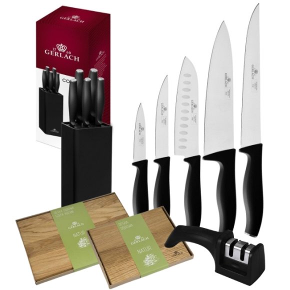 GERLACH COMFORT 985 Zestaw 5 noży w bloku czarnym + ostrzałka 2w1 + kpl 2 desek dębowych / antypoślizgowa rękojeść