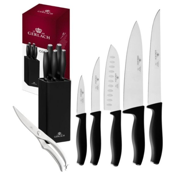 GERLACH COMFORT 985 Zestaw 5 noży w bloku czarnym + nożyce stalowe / antypoślizgowa rękojeść
