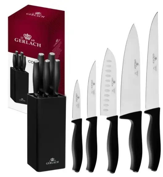 GERLACH COMFORT 985 Zestaw 5 noży w bloku czarnym + nożyce stalowe + deska dębowa / antypoślizgowa rękojeść