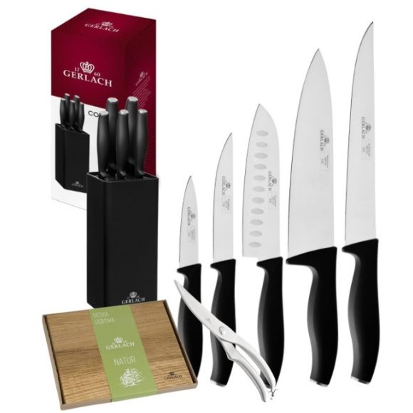 GERLACH COMFORT 985 Zestaw 5 noży w bloku czarnym + nożyce stalowe + deska dębowa / antypoślizgowa rękojeść