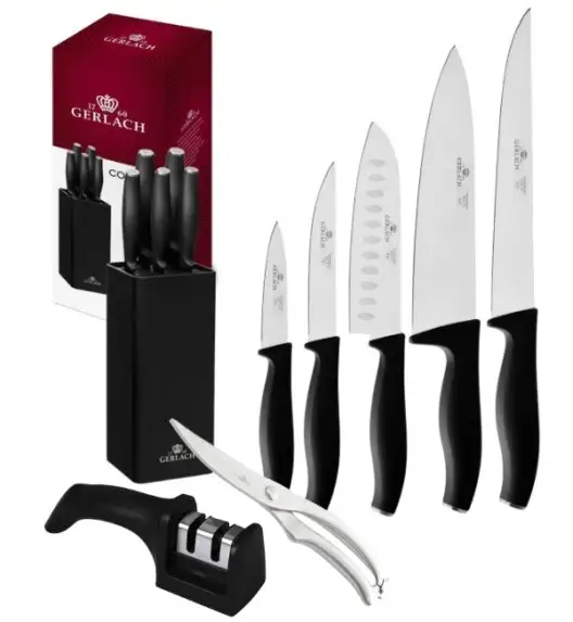 GERLACH COMFORT 985 Zestaw 5 noży w bloku czarnym + ostrzałka 2w1 + nożyce stalowe / antypoślizgowa rękojeść