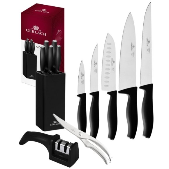 GERLACH COMFORT 985 Zestaw 5 noży w bloku czarnym + ostrzałka 2w1 + nożyce stalowe / antypoślizgowa rękojeść
