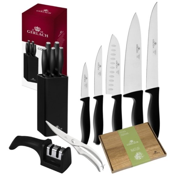 GERLACH COMFORT 985 Zestaw 5 noży w bloku czarnym + ostrzałka 2w1 + nożyce do drobiu + deska / antypoślizgowa rękojeść
