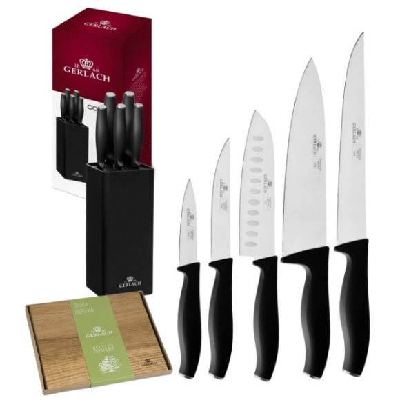 GERLACH COMFORT 985 Zestaw 5 noży w bloku czarnym + deska dębowa 30x24 cm / antypoślizgowa rękojeść